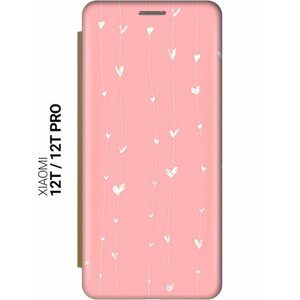 Чехол-книжка на Xiaomi 12T / 12T Pro / Сяоми 12Т / 12Т Про с рисунком "Сердечки на розовом фоне" золотистый