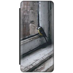 Чехол-книжка на Xiaomi Mi 9, Сяоми Ми 9 c принтом "Птичка на окне" черный