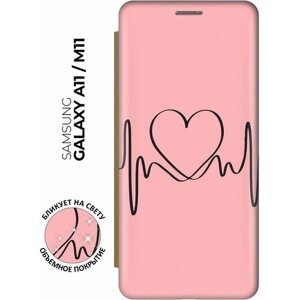 Чехол-книжка Сердцебиение на Samsung Galaxy A11 / M11 / Самсунг А11 / М11 с эффектом блика золотой