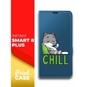 Чехол на Infinix Smart 8 Plus (Инфиникс Смарт 8 плюс) синий книжка эко-кожа отделение для карт и магнитами Book Case, Miuko (принт) Котик Chill