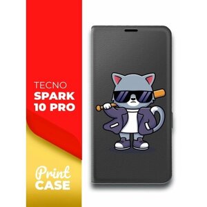 Чехол на Tecno Spark 10 Pro (Техно Спарк 10 Про) черный книжка эко-кожа подставка отделение для карт и магнитами Book case, Miuko (принт) Котик с Битой