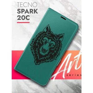 Чехол на Tecno Spark 20C (Техно Спарк 20С) зеленый опал книжка эко-кожа с функцией подставки и магнитами Book Case, Brozo (принт) Волк черный