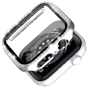 Чехол со стразами + стекло для Apple Watch 44 mm серебро