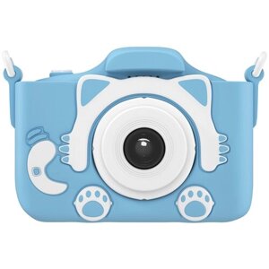 Фотоаппарат GSMIN Fun Camera Kitty с фронтальной селфи камерой и развивающей игрушкой для детей, голубой