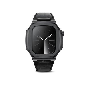 Корпус для часов Golden Concept для Apple Watch 45 мм, нержавеющая сталь / натуральная кожа, черный