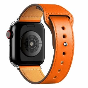 Кожаный ремешок для Apple Watch series 3 4 5 6 7 8 9 SE, в корпусах 38, 40, 41. Оранжевый / Orange