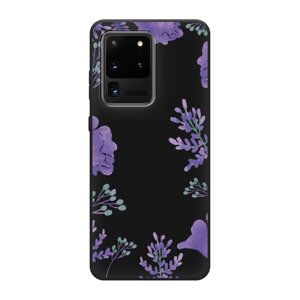 Матовый силиконовый чехол на Samsung Galaxy S20 Ultra / Самсунг S20 Ultra Сиреневая цветочная рамка, черный
