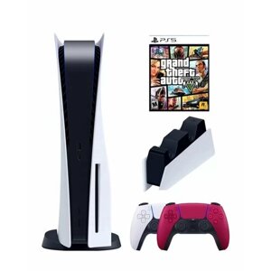 PS5 (ПС5) Игровая приставка Sony PlayStation 5 (3-ревизия)+2-й геймпад (красный)+зарядное+Игра Grand Theft Auto V, 825 ГБ