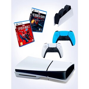 PS5 (ПС5) Игровая приставка Sony PlayStation 5 Slim disc +2-й геймпад (голубой) +зарядное + игра Spider-Man2 + игра Marvel Человек паук