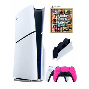 PS5 (ПС5) Игровая приставка Sony PlayStation 5 Slim disc + 2-й геймпад (розовый) + зарядное + игра GTA 5