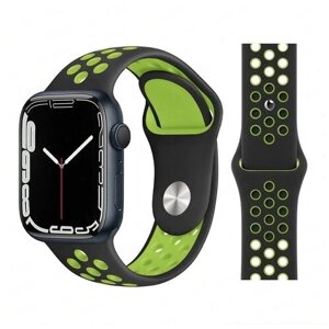 Ремешок силиконовый перфорированный Sport NK для Apple Watch 38/40/41 мм, на кнопке, черный+зеленый (10)