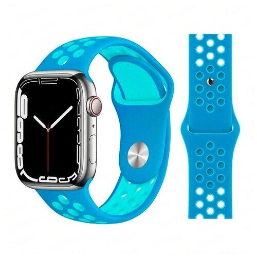 Ремешок силиконовый перфорированный Sport NK для Apple Watch 42/44/45/49 мм, 235мм, на кнопке, голубой+бирюзовый (22)