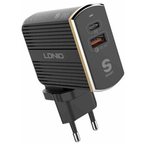 Сетевая зарядка LDNIO A2502C порты USB и Type-C + кабель Lightning Black