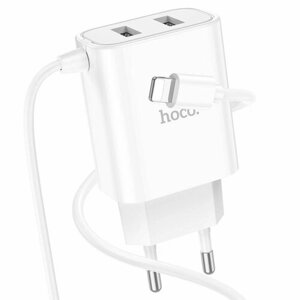 Сетевое зарядное устройство Hoco C103A, 2 USB, 2.1 А, встроенный кабель Lightning, 1 м, белое