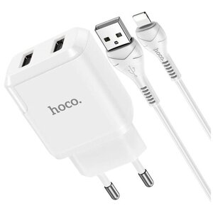 Сетевое зарядное устройство (СЗУ) Hoco N7 Speedy (2 USB) + кабель Lightning, 2.1 А, белый