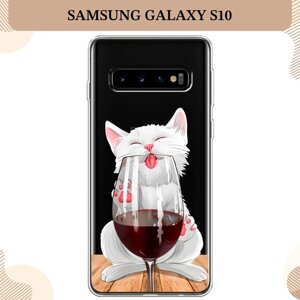 Силиконовый чехол "Кот с бокалом" на Samsung Galaxy S10 / Самсунг S10, прозрачный