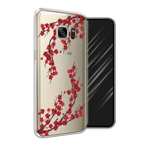 Силиконовый чехол на Samsung Galaxy S7 / Самсунг Галакси S7 "Красная сакура", прозрачный