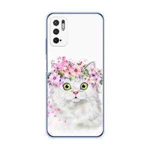 Силиконовый чехол на Xiaomi Redmi Note 10T/Note 10 5G/Poco M3 Pro / Сяоми Редми Нот 10T/Поко М3 Про "Белая кошка с цветами"