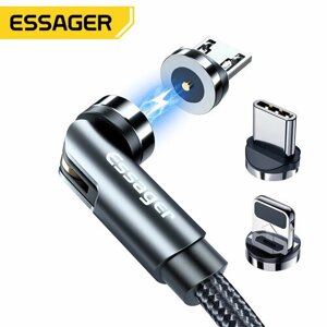 Вращающийся в 2-х плоскостях магнитный кабель Essager USB - Type-C, 65 w, 3 A, 2 м, зарядка для Huawei, Xiaomi, Samsung, поворот на 360 град.