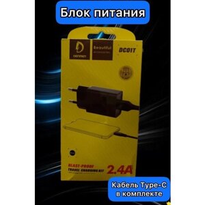 Зарядное устройство DENMEN DC01T 2.4A 1USB + кабель Type-C Black