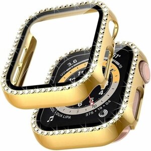 Защитный пластиковый чехол (кейс) Apple Watch 4 SE 6 5 (Эпл Вотч) 40 мм для экрана/дисплея и корпуса противоударный бампер золотой со стразами