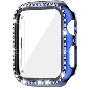 Защитный пластиковый чехол (кейс) Apple Watch Series 1 2 3 (Эпл Вотч) 42 мм для экрана/дисплея и корпуса противоударный бампер синий со стразами