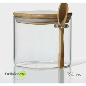 Банка стеклянная для сыпучих продуктов с бамбуковой крышкой и ложкой BellaTenero "Эко" 750 мл, 11,5*10*11 см