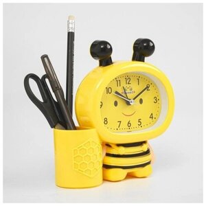 Будильник "Пчела", с карандашницей, дискретный ход, d-9 см, 14.5 х 14 см, желтый