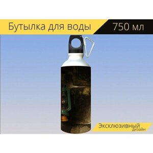 Бутылка фляга для воды "Бензин, напольная лампа, масло" 750 мл. с карабином и принтом