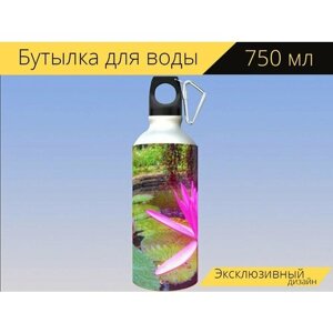 Бутылка фляга для воды "Цветок, лотос, аквариум" 750 мл. с карабином и принтом