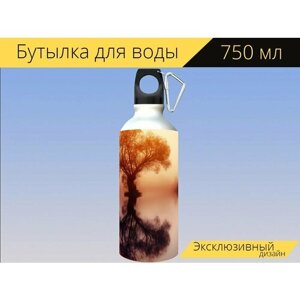 Бутылка фляга для воды "Дерево, рассвет, силуэт" 750 мл. с карабином и принтом