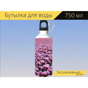 Бутылка фляга для воды "Фиолетовый, цветы, поле" 750 мл. с карабином и принтом