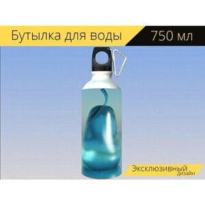 Бутылка фляга для воды "Голубое стекло, груша, стеклянная основа" 750 мл. с карабином и принтом