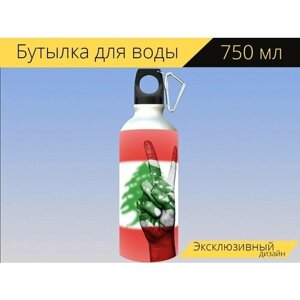 Бутылка фляга для воды "Ливан, мир, рука" 750 мл. с карабином и принтом