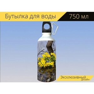Бутылка фляга для воды "Лютики водяные, желтые, цветы" 750 мл. с карабином и принтом