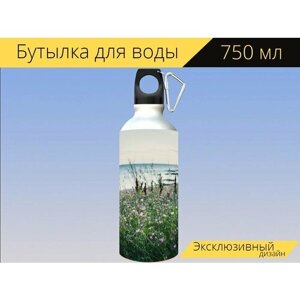 Бутылка фляга для воды "Море, пейзаж, пляж" 750 мл. с карабином и принтом