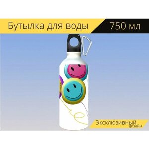 Бутылка фляга для воды "Надувные шарики, счастливое лицо, смайлик" 750 мл. с карабином и принтом