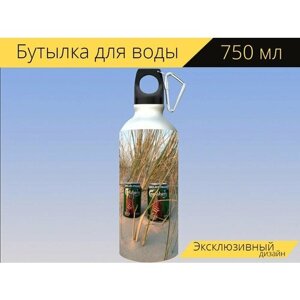 Бутылка фляга для воды "Пивные банки, пляж, дюна" 750 мл. с карабином и принтом