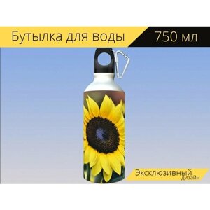 Бутылка фляга для воды "Подсолнух, цветок, цвести" 750 мл. с карабином и принтом