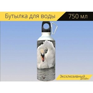 Бутылка фляга для воды "Пруд, лебедь, белый лебедь" 750 мл. с карабином и принтом