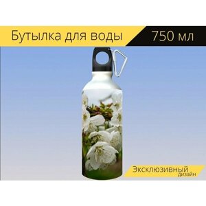 Бутылка фляга для воды "Расцветает, белый, весна" 750 мл. с карабином и принтом