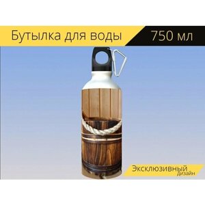 Бутылка фляга для воды "Сауна, ведро с водой, деревянное ведро" 750 мл. с карабином и принтом
