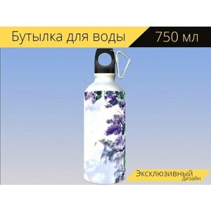 Бутылка фляга для воды "Сирень, природа, цветок" 750 мл. с карабином и принтом