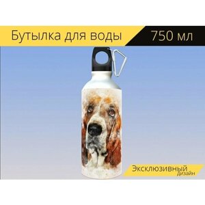 Бутылка фляга для воды "Собака, бассет, домашний питомец" 750 мл. с карабином и принтом