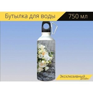 Бутылка фляга для воды "Свадебный букет, букет невесты, цветы букет" 750 мл. с карабином и принтом
