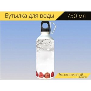 Бутылка фляга для воды "Украшения, снег, дерево" 750 мл. с карабином и принтом