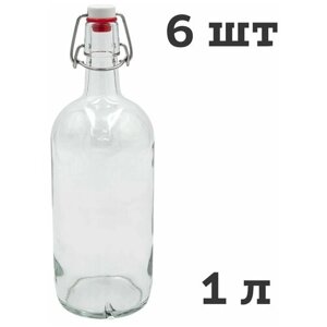 Бутылка с бугельной пробкой стеклянная прозрачная 1 л, 6 шт
