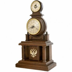 Часы настольные каминные с барометром "Герб РФ" из массива дуба 30 x 55 см