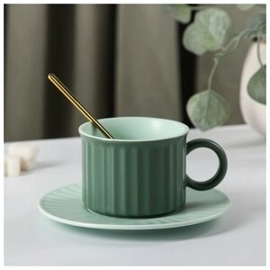 Чайная пара керамическая «Профитроль», 3 предмета: чашка 180 мл, блюдце d=13,7 см, ложка, цвет зелёный