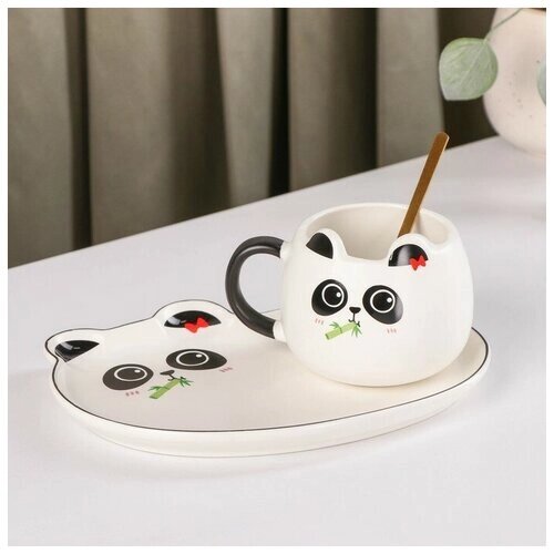 Чайная пара керамическая с ложкой «Панда», 2 предмета: кружка 180 мл, блюдце, рисунок микс